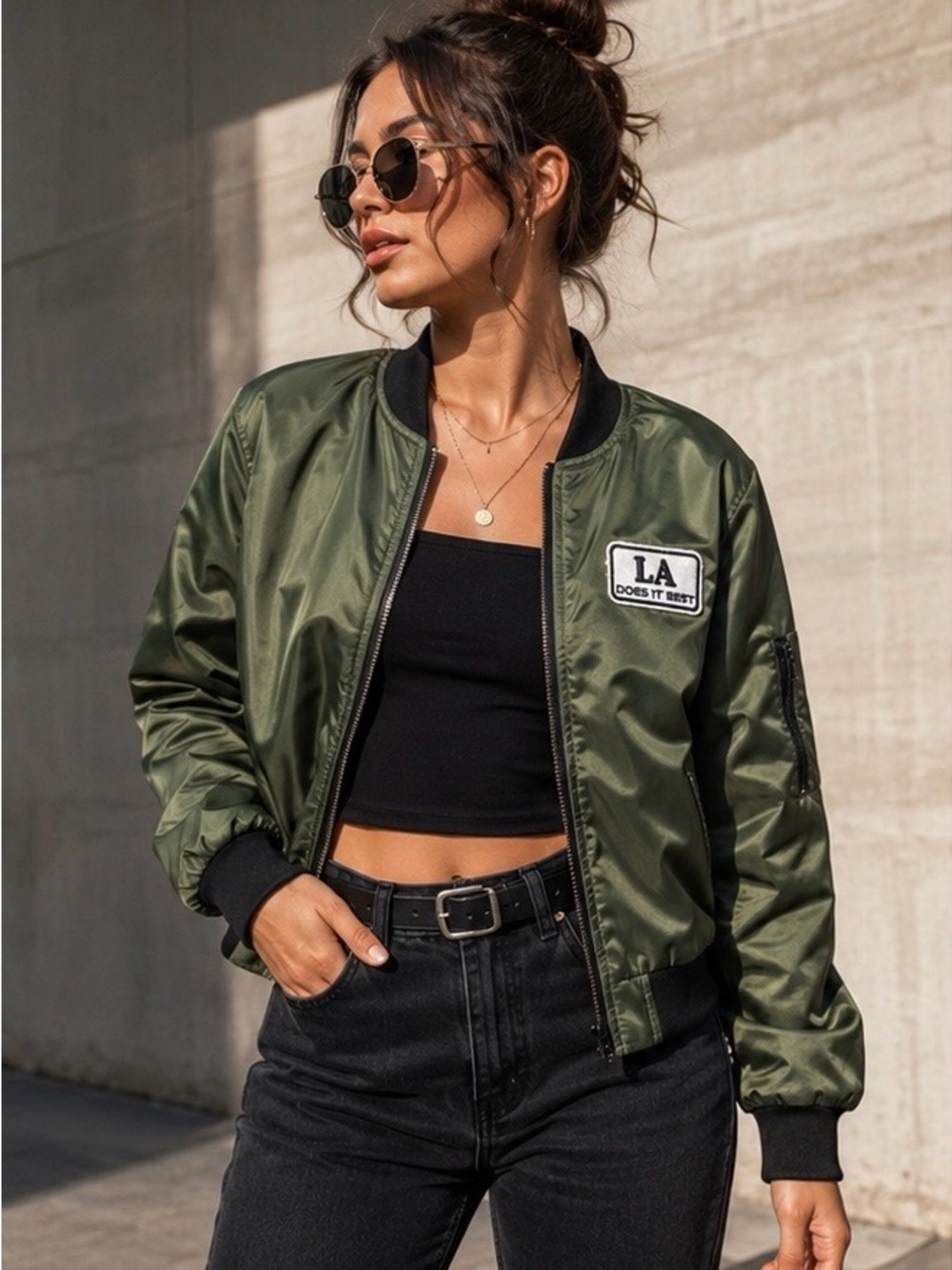 Forever 21 Olive Green Satin Bomber Jacket LA Does It Best Patch M